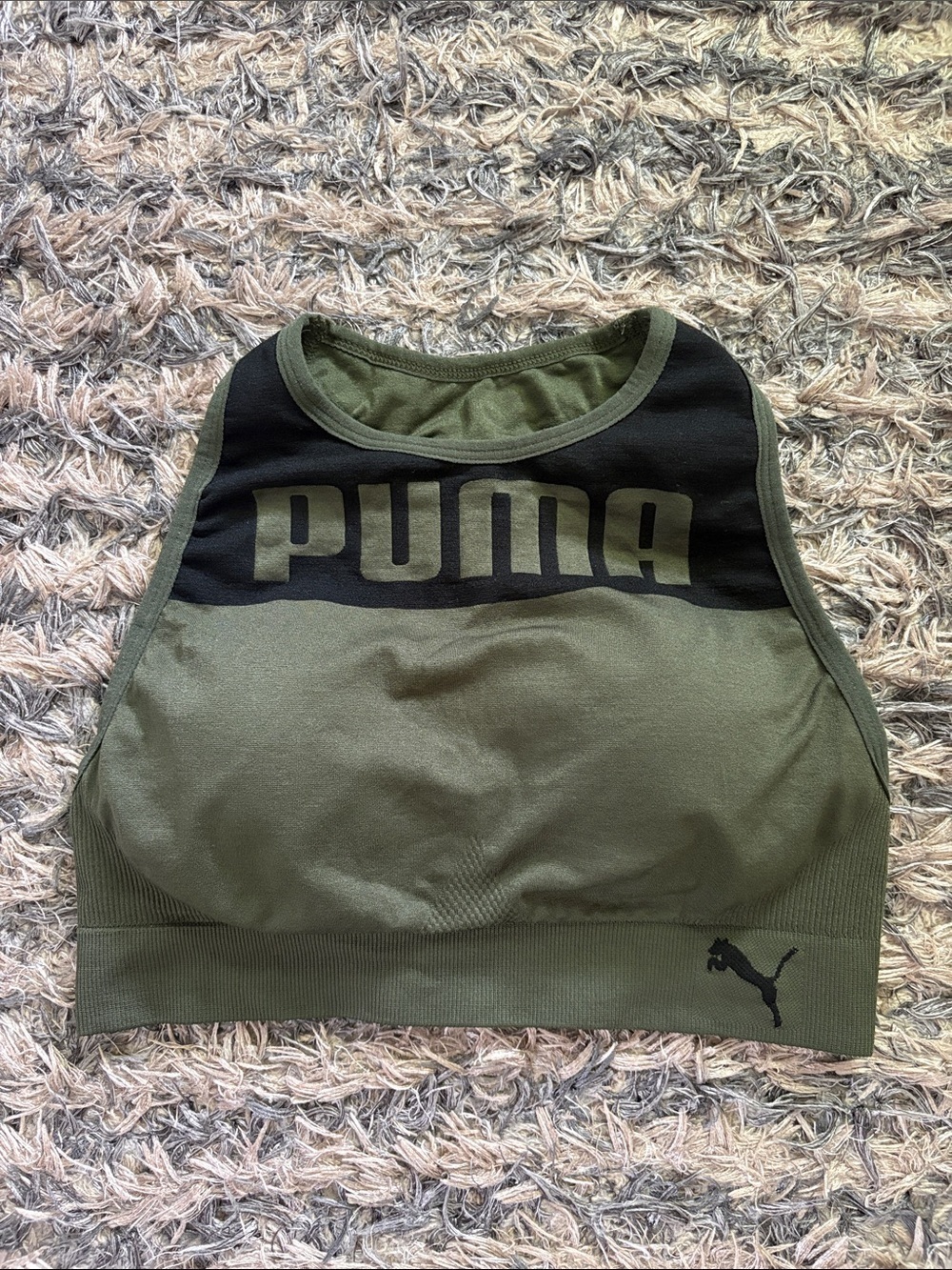 Puma Olive Green and Black High-Neck Sports Bra